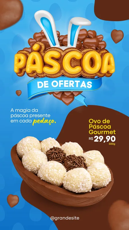 Template de Story para Instagram com tema de Páscoa, apresentando um ovo de chocolate recheado com docinhos brancos e cobertos de coco ralado e granulado. O título 'Páscoa de Ofertas' em destaque com orelhas de coelho. Cores azul e marrom predominantes.