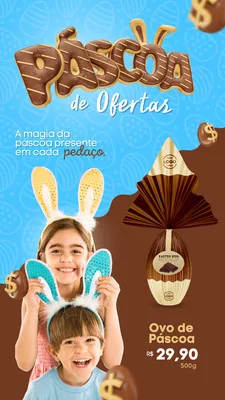 Template de Story para Instagram com o título "Páscoa de Ofertas" em letras de chocolate. Duas crianças sorridentes usam orelhas de coelho. Um ovo de Páscoa decorado está em destaque, com preço e peso, em tons de azul e marrom.