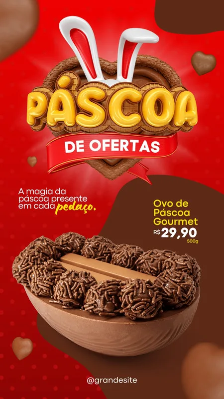 Template de Instagram Story para Páscoa com o título 'Páscoa de Ofertas' em destaque, um ovo de chocolate gourmet decorado com brigadeiros e um KitKat, e o preço R$ 29,90. O fundo é vermelho com corações e tons de marrom.