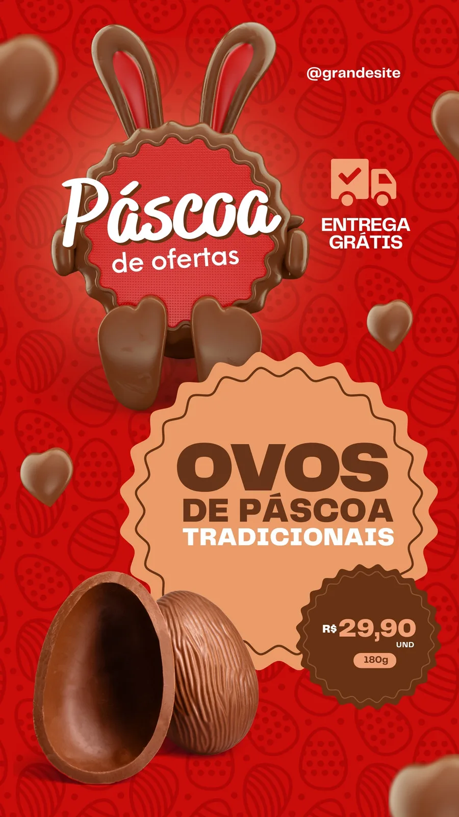 Template de Story para Instagram com tema de Páscoa, apresentando um coelho de chocolate com orelhas grandes. O fundo é vermelho com estampas de ovos. Destaca a frase 'Páscoa de Ofertas' e 'Ovos de Páscoa Tradicionais' com preço e ícone de entrega grátis.