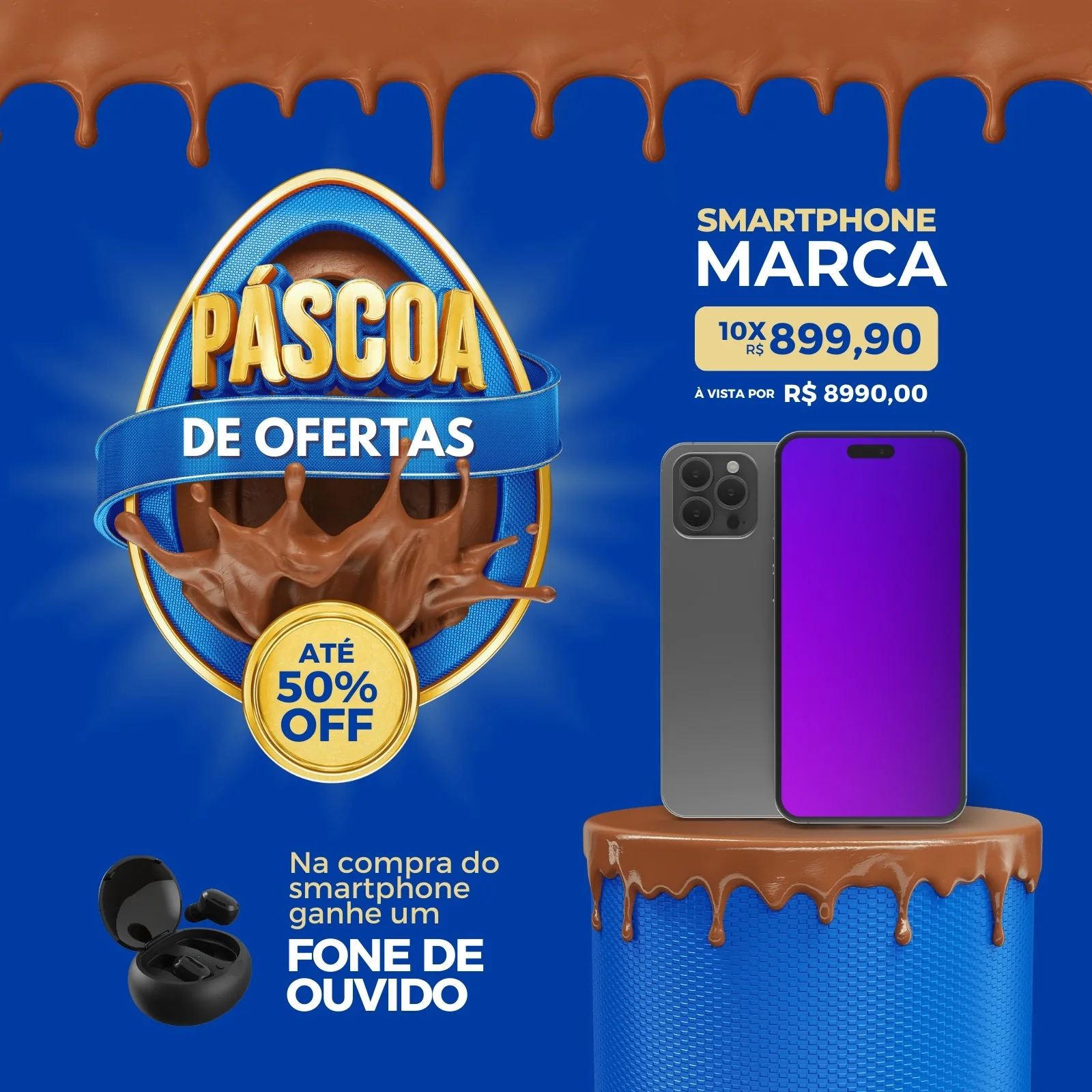 Post de Instagram com tema de Páscoa para promoção de smartphones. Fundo azul com detalhes de chocolate derretido. Um ovo de Páscoa estilizado com a frase 'Páscoa de Ofertas' e 'Até 50% OFF'. Dois smartphones e um fone de ouvido em destaque.