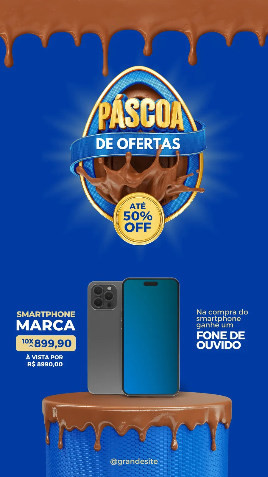 Template de Story para Instagram com tema de Páscoa, apresentando um smartphone em destaque sobre um pedestal com cobertura de chocolate. O design em azul e marrom exibe a oferta 'Páscoa de Ofertas' e 'Até 50% OFF', promovendo a venda de eletrônicos.