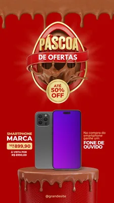Template de Story para Instagram com fundo vermelho vibrante e detalhes de chocolate derretido. Destaca um ovo de Páscoa com a oferta 'Até 50% OFF' e imagens de smartphones e fones de ouvido, perfeito para promoções.