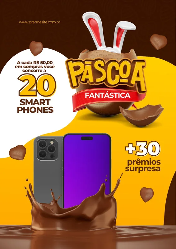 Cartaz promocional de Páscoa com tema de chocolate, destacando o sorteio de 20 smartphones e 30 prêmios surpresa. Cores vibrantes em amarelo e marrom, com elementos de coelho e ovos de Páscoa.