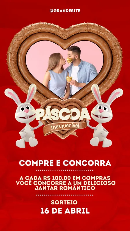 Template de Story para Instagram com fundo vermelho vibrante, moldura em formato de coração de chocolate, coelhinhos fofos e texto 'Páscoa Inesquecível'. Promove um sorteio de jantar romântico para compras acima de R$ 100,00.