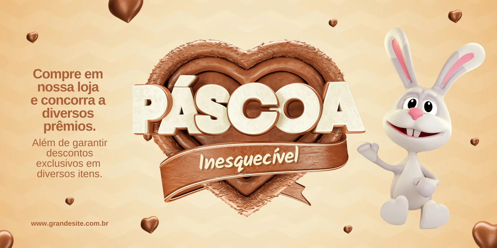Banner horizontal com tema de Páscoa, apresentando um coelho branco sorridente ao lado de um grande coração de chocolate com a palavra 'PÁSCOA' em relevo. Há texto sobre prêmios e descontos, com corações de chocolate espalhados pelo fundo bege.