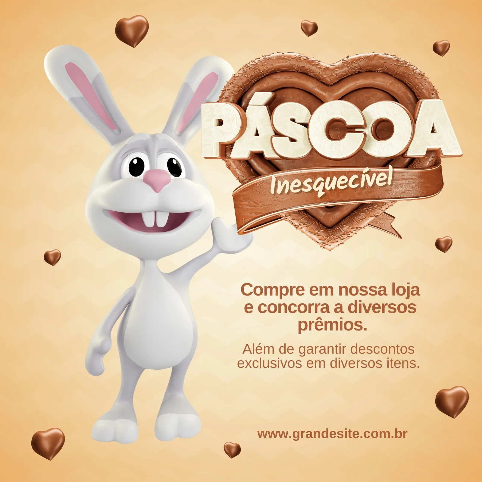 Um coelho branco sorridente com orelhas longas e um laço rosa está ao lado de um grande coração de chocolate com a palavra 'PÁSCOA' em 3D. Pequenos corações de chocolate flutuam ao redor. O texto anuncia prêmios e descontos.