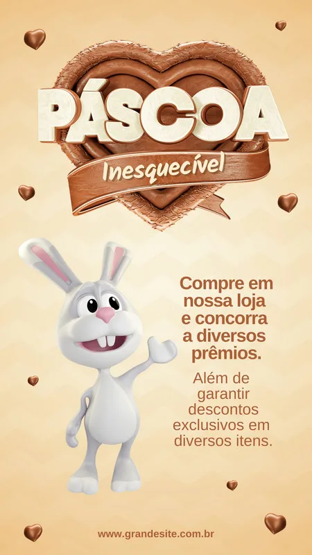 Template de Story para Instagram com tema de Páscoa, apresentando um coelho fofo e elementos de chocolate. Destaca "Páscoa Inesquecível", com texto sobre prêmios e descontos, convidando à compra e participação em sorteios.