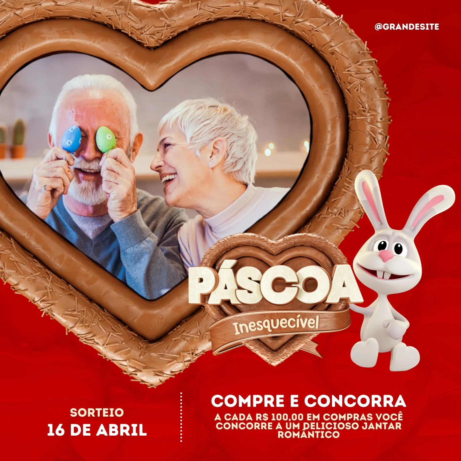 Um casal de idosos sorrindo, segurando ovos de Páscoa coloridos em frente aos olhos, emoldurados por um coração de chocolate. Um coelho fofo aparece ao lado com a frase 'Páscoa Inesquecível'. O post anuncia um sorteio e promoção.