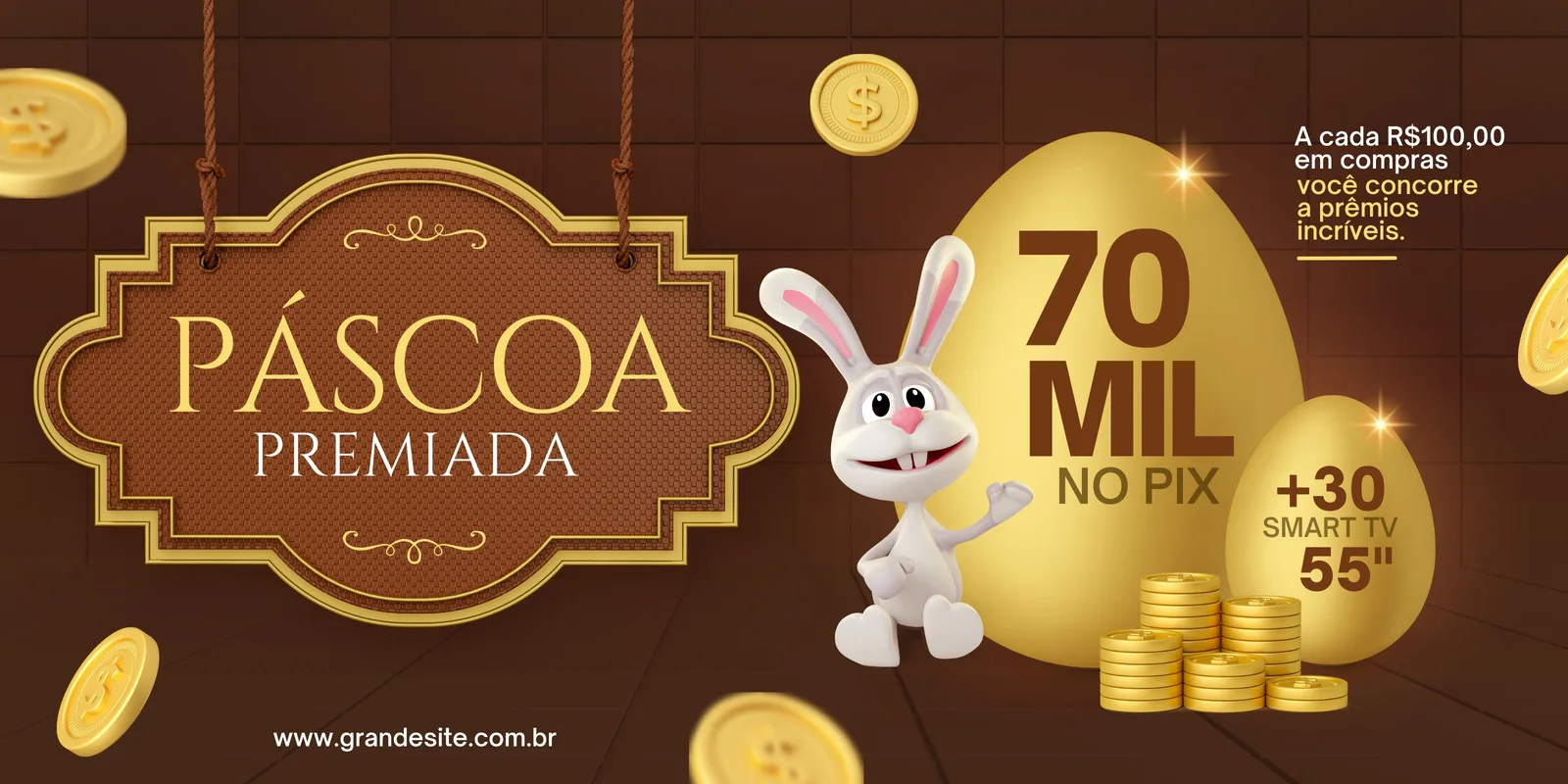 Banner horizontal em tons de marrom e dourado com tema de Páscoa. Um coelho branco sorridente está ao lado de ovos dourados com o texto '70 MIL NO PIX' e '+30 SMART TV 55". Uma placa suspensa exibe 'PÁSCOA PREMIADA'. Moedas douradas flutuam, sugerindo prêmios.