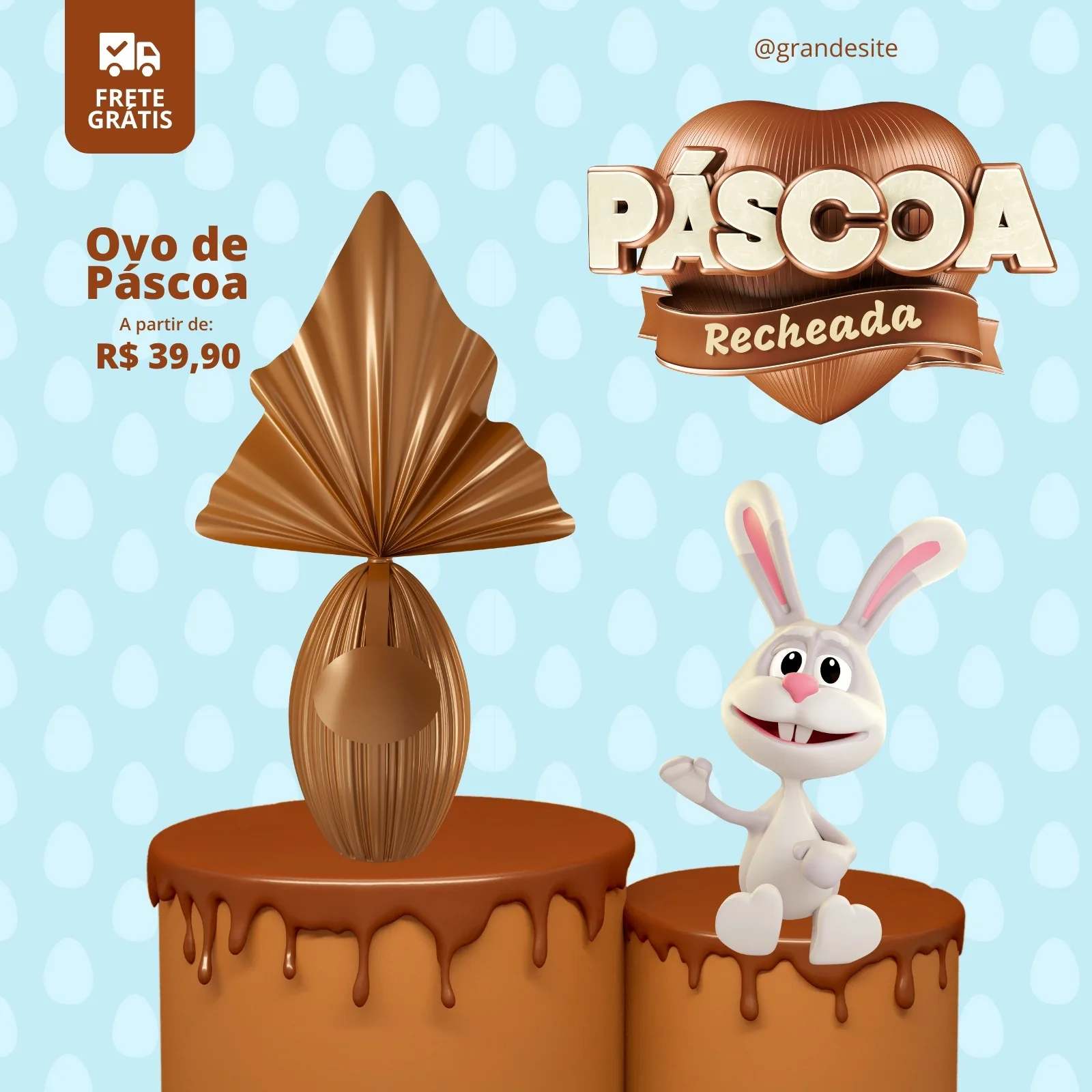 Template de post para Instagram com tema de Páscoa, apresentando um ovo de chocolate dourado em destaque, um coelho fofo e a frase 'Páscoa Recheada Oferta'. O fundo azul claro com ovos desenhados e elementos de chocolate criam um visual apetitoso e festivo.