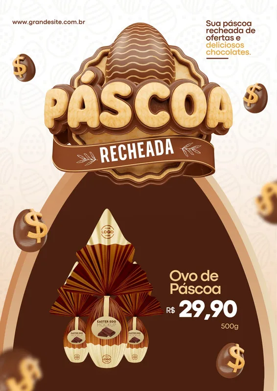 Template de post para redes sociais com o tema Páscoa. Apresenta um grande título 'Páscoa Recheada' em 3D, ovos de chocolate decorados com cifrões, e a oferta de um ovo de Páscoa por R$ 29,90. Cores predominantes marrom e bege, com elementos festivos.