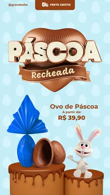 Template de Story para Instagram com tema de Páscoa. Um ovo de chocolate azul embrulhado e outro partido, um coelho branco sorridente e a frase 'Páscoa Recheada' em destaque. Fundo azul claro com padrão de gotas.