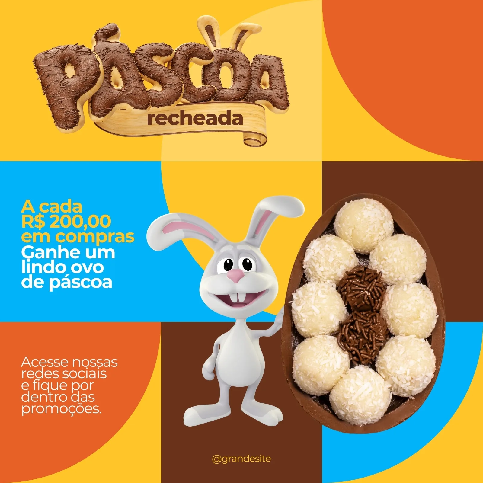 Template de post para Instagram com tema de Páscoa, apresentando um título 'Páscoa Recheada' em formato de chocolate, um coelho fofo e um ovo de Páscoa recheado com docinhos. As cores predominantes são amarelo, marrom e azul, com um texto sobre uma promoção especial.
