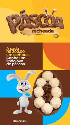 Template de Instagram Story com tema de Páscoa. O título 'Páscoa Recheada' em letras que lembram chocolate aparece no topo. Abaixo, um coelho fofo segura um ovo de Páscoa recheado com docinhos. Uma promoção de 'ganhe um ovo a cada R$200 em compras' é exibida.