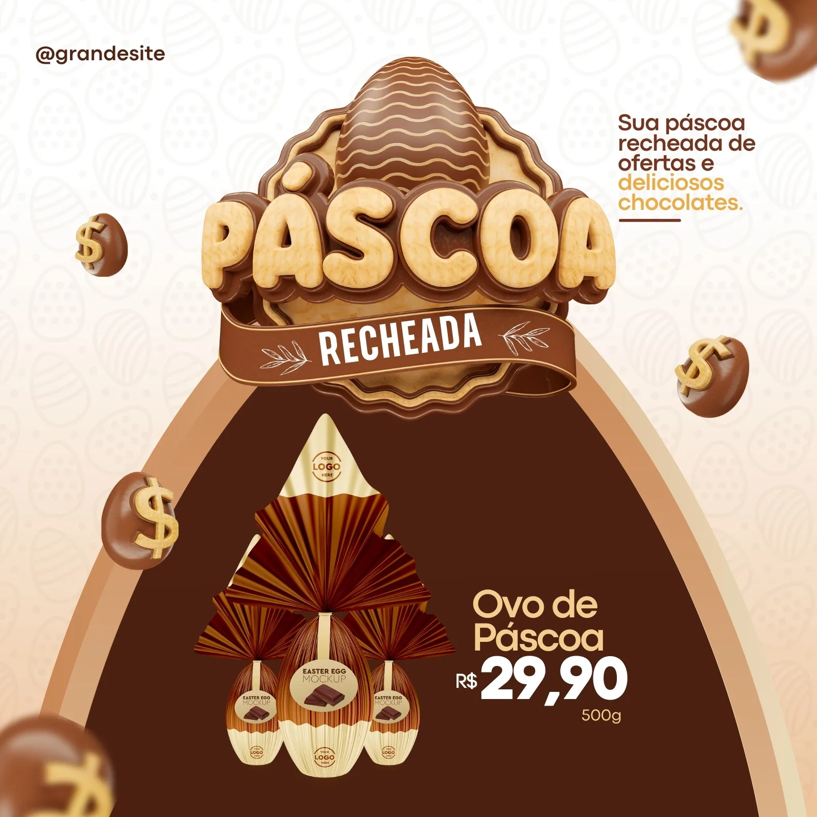 Template de post para Instagram com tema de Páscoa. Fundo marrom e bege com elementos de chocolate, ovos de Páscoa estilizados e o texto 'Páscoa Recheada'. Destaca um ovo de Páscoa com preço e a frase 'Ovo de Páscoa R$ 29,90'.