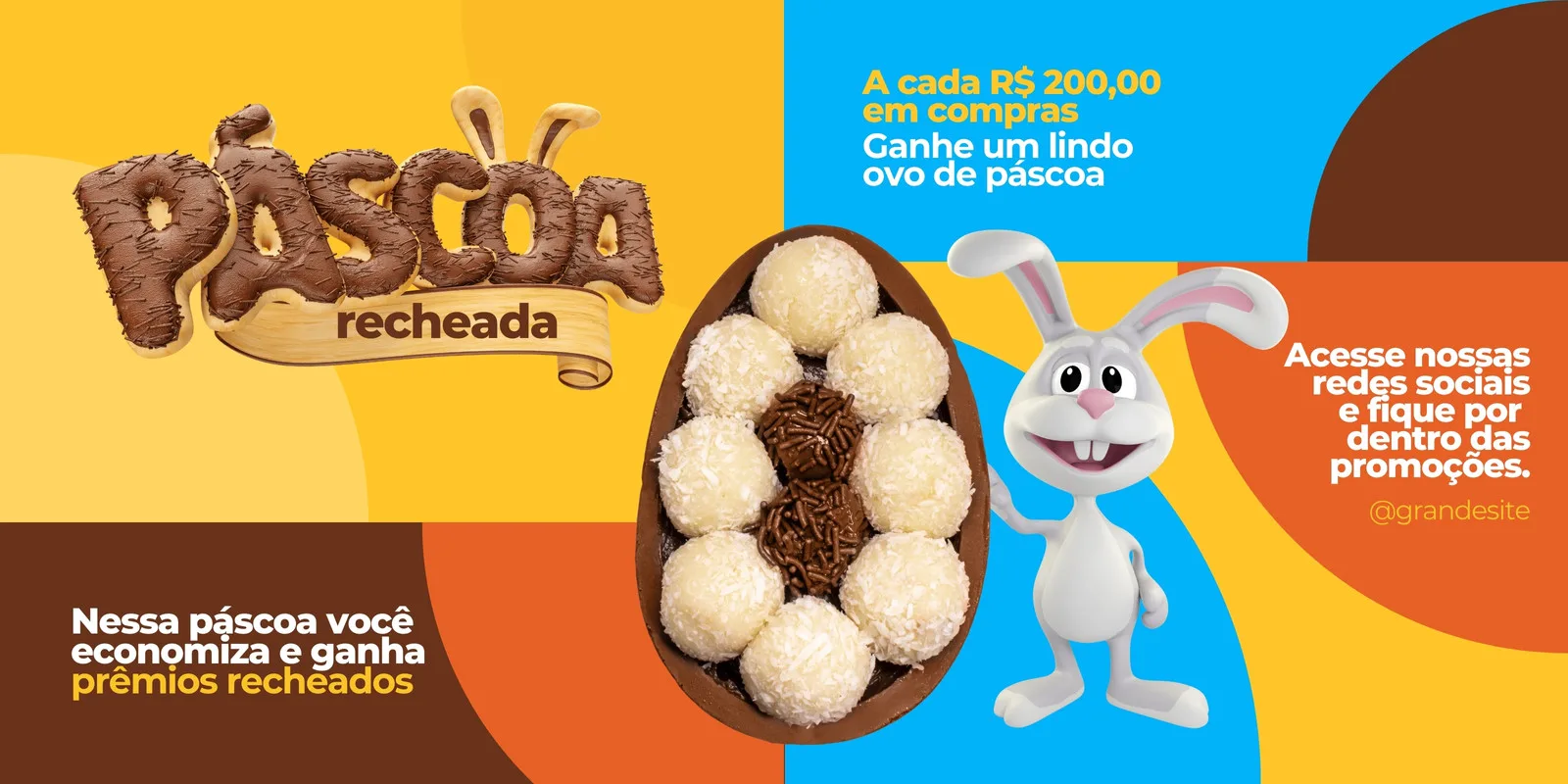 Banner horizontal de Páscoa com o logo 'Páscoa Recheada' em formato de chocolate, um ovo de chocolate recheado com docinhos e um coelho simpático acenando. O design é colorido e festivo, ideal para promoções online.
