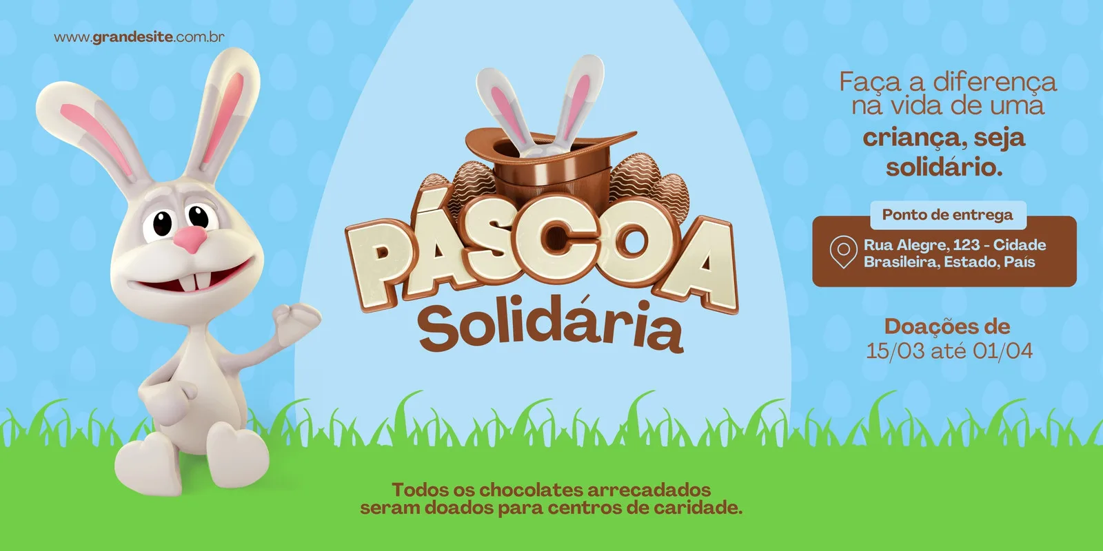 Banner horizontal com tema de Páscoa Solidária. Um coelho branco sorridente à esquerda, com o logo "Páscoa Solidária" ao centro. Ao lado, texto sobre doações para crianças, ponto de entrega e período de coleta. Fundo azul claro com grama verde na base.