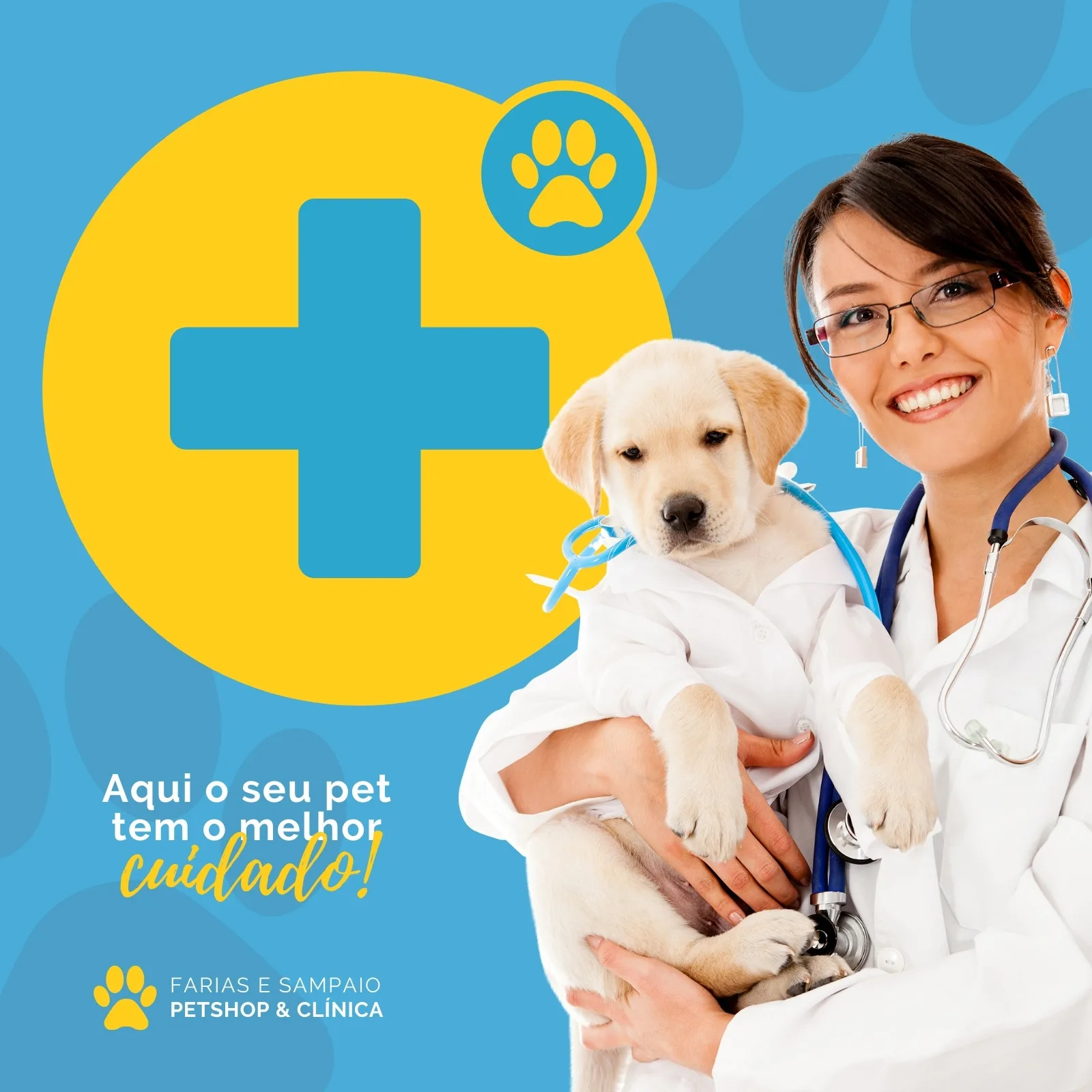Veterinária sorridente segura um filhote de cachorro vestido com jaleco, com um grande símbolo de cruz amarela e azul e uma pata de cachorro ao lado. O fundo é azul com um padrão de patas sutis. Texto diz 'Aqui o seu pet tem o melhor cuidado!'