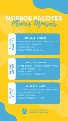 Template de Story para Instagram com fundo amarelo vibrante e elementos decorativos. Apresenta três planos mensais para petshop e clínica veterinária em caixas azuis claras, detalhando duração e serviços inclusos como banhos, hidratação, tosa e escovação dentária.