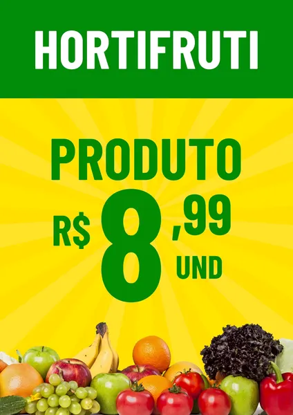 Template de oferta para hortifruti com banner verde superior e fundo amarelo vibrante de raios de sol. Exibe 'HORTIFRUTI' em branco e 'PRODUTO R$ 8,99 UND' em verde. A base apresenta uma variedade de frutas e vegetais frescos como maçãs, uvas, bananas e laranjas, ideal para promoções de produtos frescos.