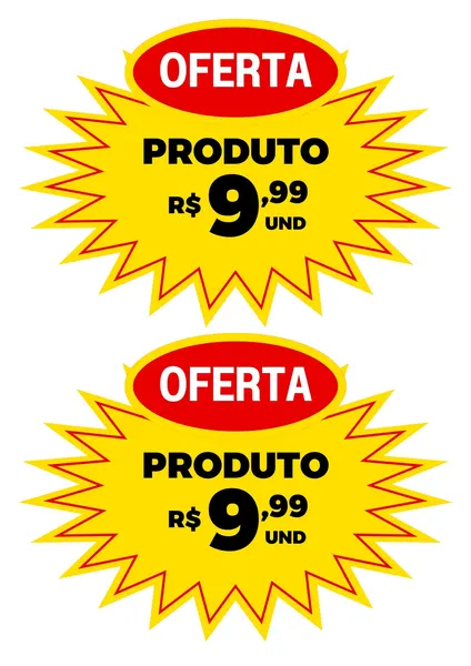 Duas placas de oferta idênticas em formato de estrela explosiva amarela com contorno vermelho. Cada placa exibe um oval vermelho no topo com a palavra 'OFERTA' em branco. Abaixo, em preto, 'PRODUTO' e 'R$ 9,99 UND'. O design é chamativo e vibrante, ideal para destacar preços promocionais em lojas, mercados e comércios em geral, focado em atrair a atenção do cliente para descontos.