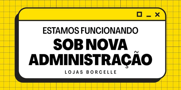 Banner horizontal moderno com fundo amarelo quadriculado e uma caixa de diálogo branca com borda preta. O texto em destaque, em preto e negrito, diz 'ESTAMOS FUNCIONANDO SOB NOVA ADMINISTRAÇÃO'. No topo da caixa, ícones de janela de computador. Um design vibrante e direto para anunciar mudanças de gestão em qualquer tipo de negócio.