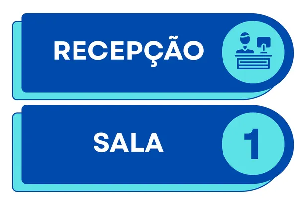 Duas placas de sinalização retangulares com bordas arredondadas, em tons de azul escuro e azul claro. A placa superior exibe a palavra "RECEPÇÃO" em branco com um ícone de balcão de atendimento. A placa inferior mostra a palavra "SALA" em branco e o número "1" em um círculo azul claro. Design moderno e profissional para identificação de ambientes.