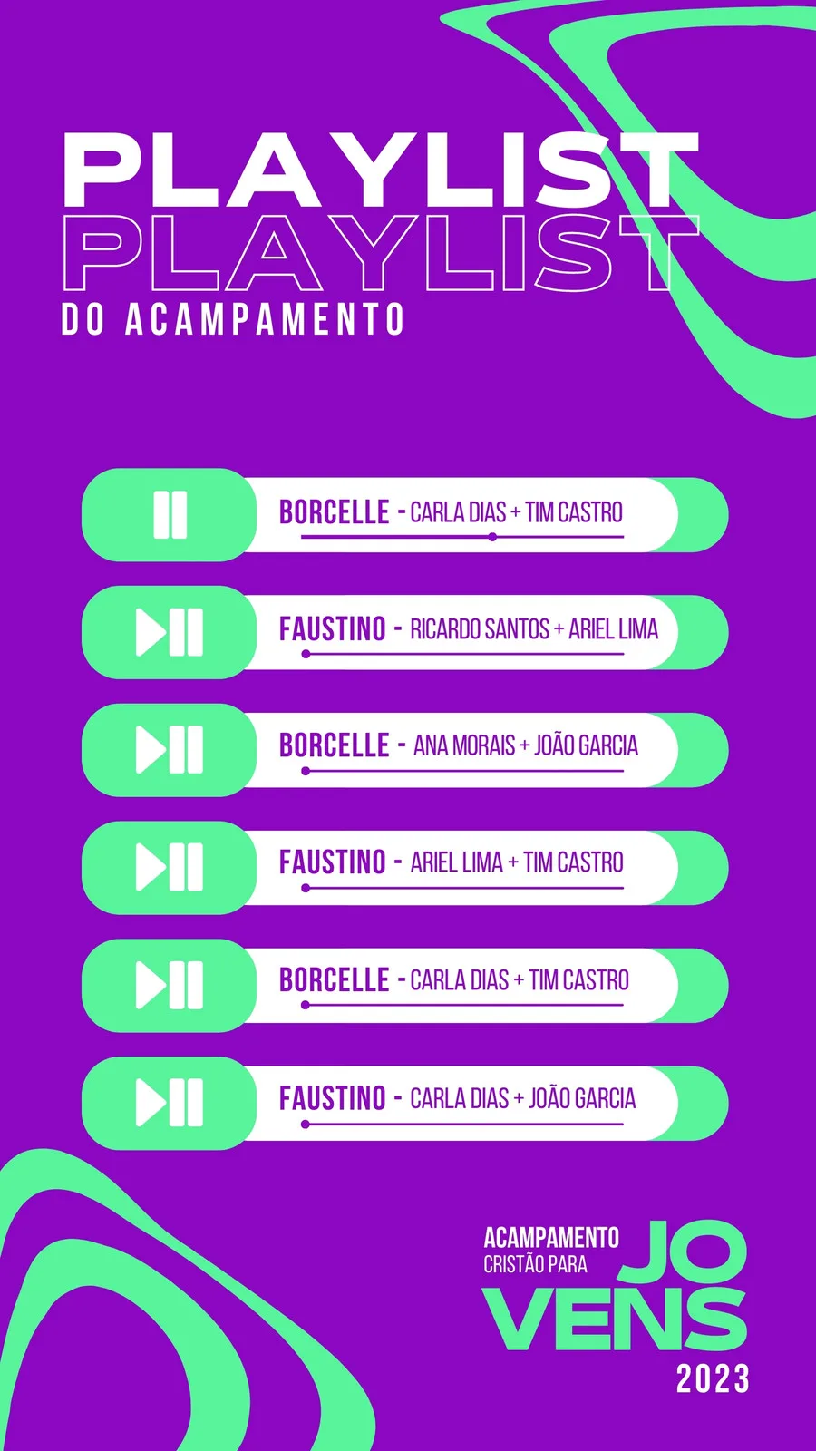 Template de Story para Instagram com fundo roxo vibrante e elementos gráficos verdes abstratos. O design exibe uma lista de reprodução de música com botões de play/pause e nomes de artistas para um acampamento jovem cristão de 2023.