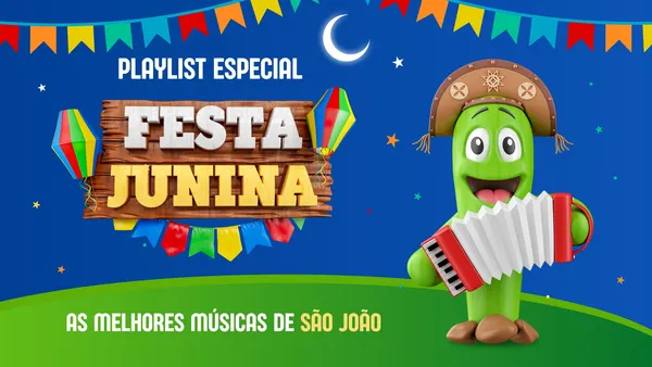 Miniatura de YouTube com tema de Festa Junina, apresentando um personagem verde tocando acordeão e a frase 'Festa Junina' em destaque. Bandeirinhas coloridas e balões enfeitam o fundo azul estrelado.