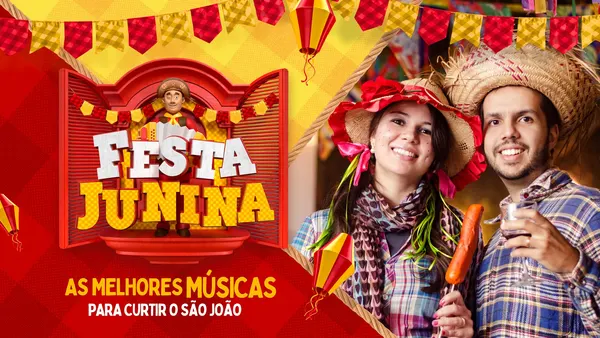 Miniatura de YouTube com tema de Festa Junina, apresentando um casal sorridente em trajes juninos, bandeirinhas coloridas, balões e o título 'Festa Junina' em destaque. Ideal para playlists de músicas de São João.