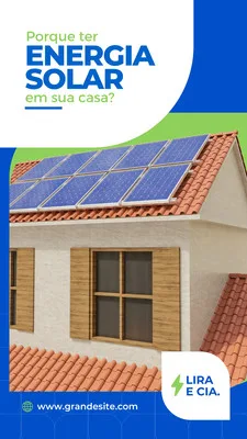 Story para Instagram com tema de energia solar, apresentando um telhado com painéis solares azuis e uma casa com janelas de madeira. O design usa cores azul e verde vibrantes, com texto sobre os benefícios da energia solar residencial.