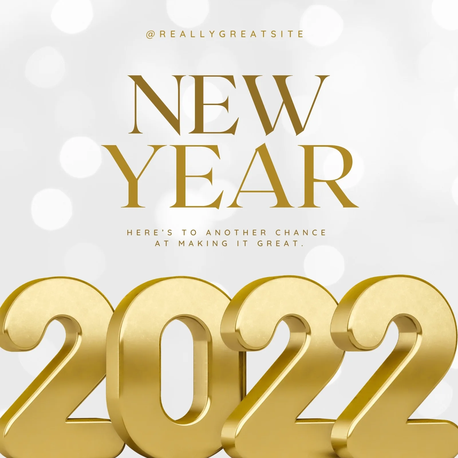 Template de post para redes sociais com a frase 'New Year 2022' em destaque, com números dourados 3D e fundo branco com luzes bokeh. Ideal para celebrar a virada do ano.