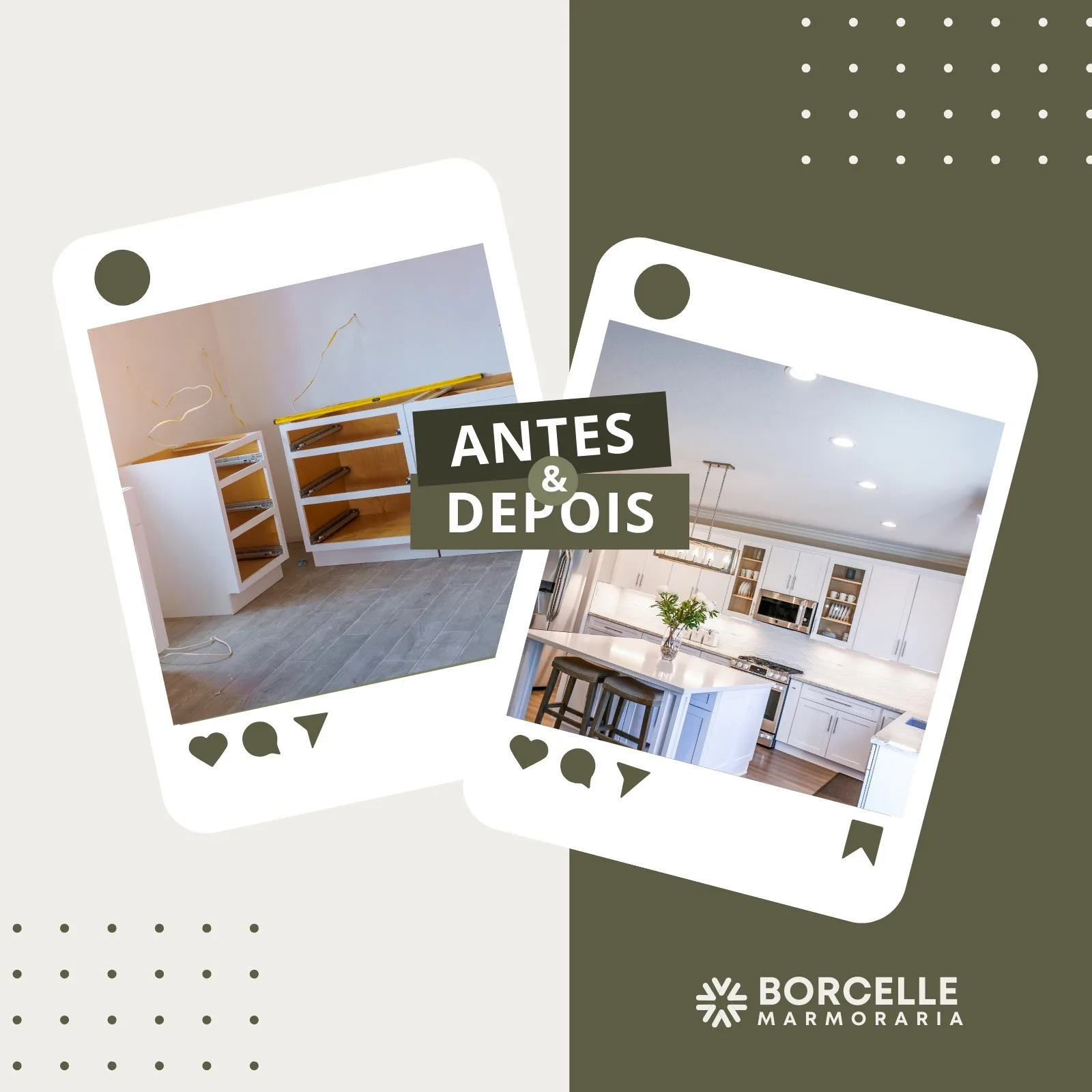 Post de Instagram com layout "Antes e Depois", mostrando a transformação de uma cozinha. O lado esquerdo exibe a obra em andamento com armários brutos, e o lado direito revela a cozinha finalizada, moderna e elegante, com bancada de mármore.
