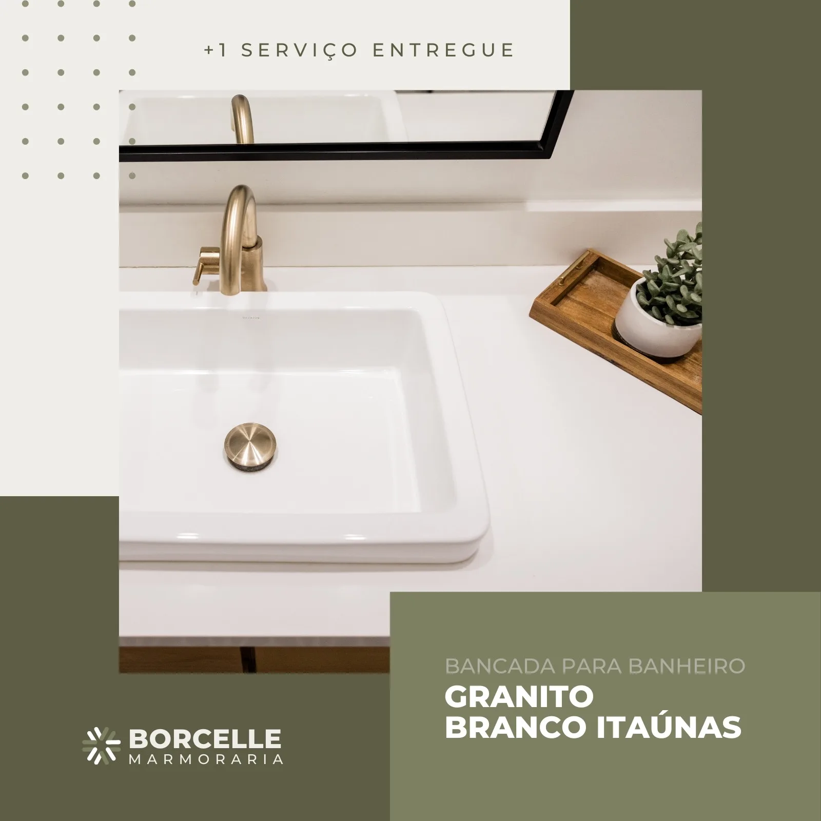 Close-up de uma bancada de banheiro moderna com pia branca e torneira dourada. O texto indica "Bancada para Banheiro Granito Branco Itaúnas" e o logo "Borcelle Marmoraria".