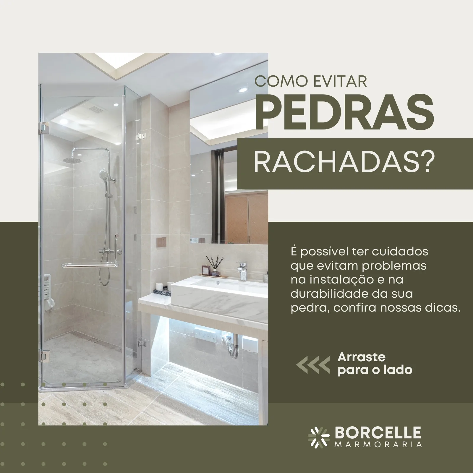 Post de Instagram para marmoraria com o título 'Como evitar pedras rachadas?'. A imagem mostra um banheiro moderno com box de vidro e bancada de mármore. O texto oferece dicas para a instalação e durabilidade da pedra.