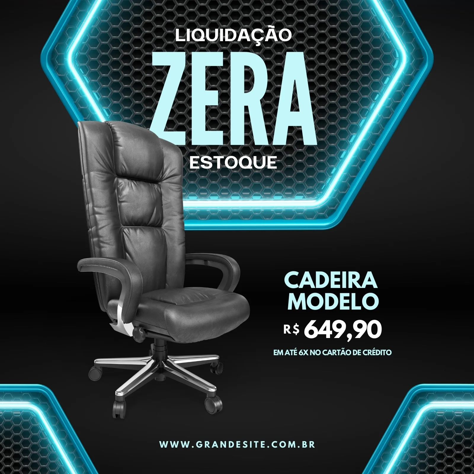 Post para redes sociais anunciando liquidação de cadeiras executivas. O template tem fundo preto com detalhes em neon azul, uma cadeira executiva preta em destaque e o texto 'Liquidação Zera Estoque' com preço promocional.