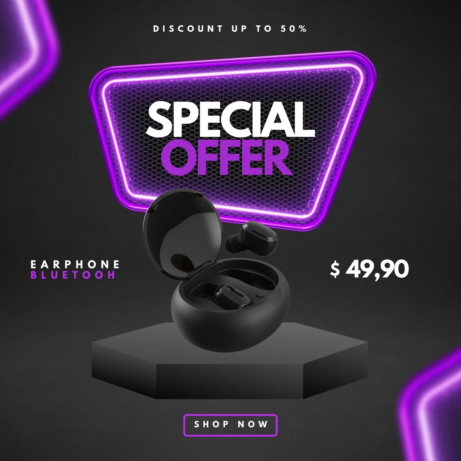 Post de oferta especial para fones de ouvido Bluetooth com desconto de até 50%. O produto em destaque é um fone sem fio na cor preta, com seu estojo aberto, sobre um pedestal escuro. O fundo é preto com detalhes neon roxos vibrantes e o preço é exibido.