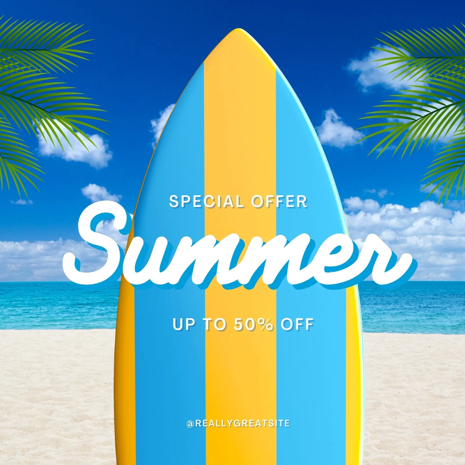 Template de post para redes sociais com tema de verão. Um surfboard colorido em azul e amarelo listrado está em destaque sobre uma praia ensolarada, mar azul e céu com nuvens. Texto 'Summer Special Offer' e 'Up to 50% Off' em branco.