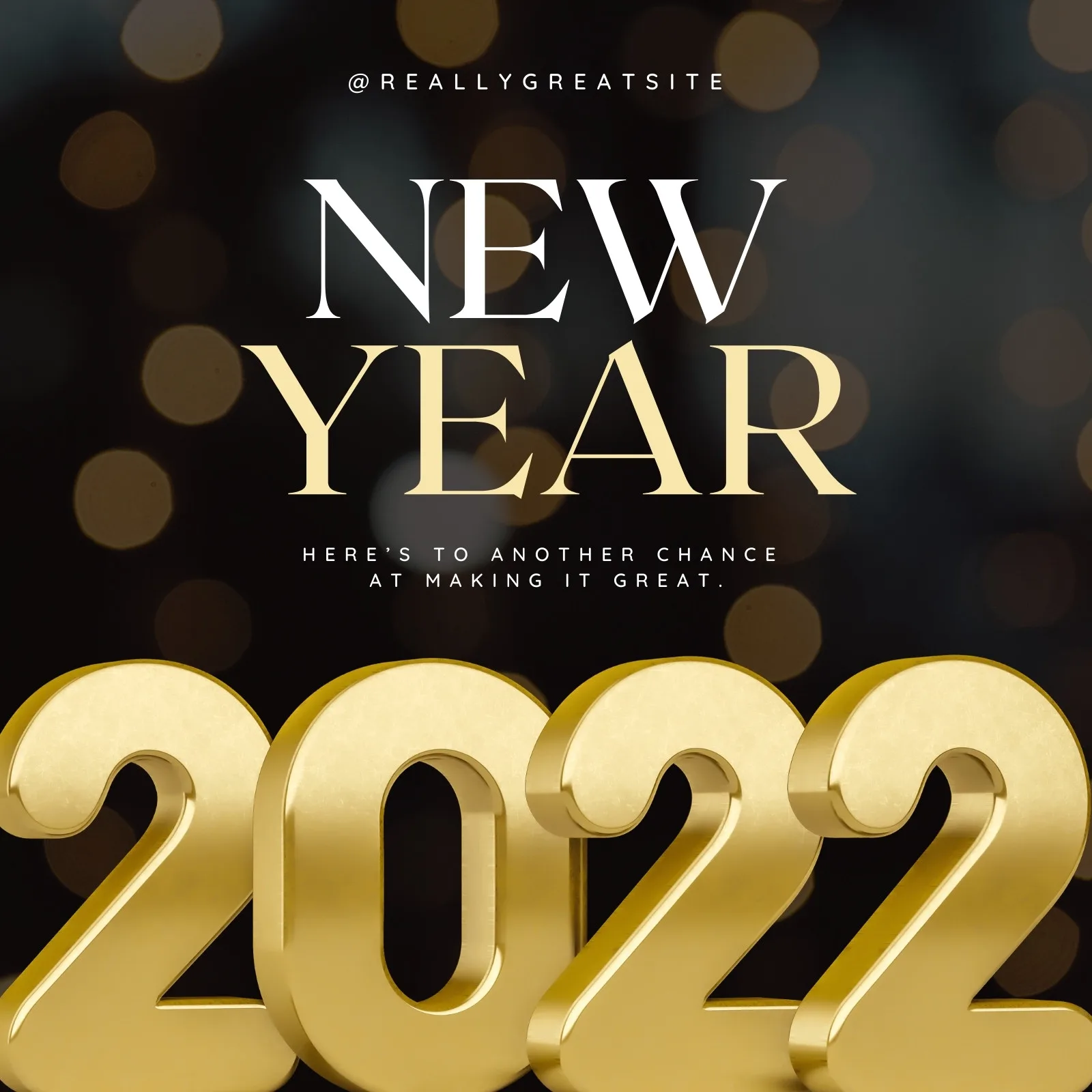Um post de Instagram com a mensagem 'New Year' em letras brancas e douradas, e os números '2022' em 3D dourado sobre um fundo escuro com luzes bokeh. Perfeito para comemorações de fim de ano.