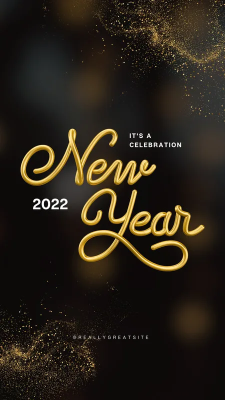 Template de Story e Reels para Ano Novo 2022 com texto 'New Year' em dourado 3D sobre fundo preto com brilhos e bokeh. Ideal para divulgar celebrações e festas de virada de ano.