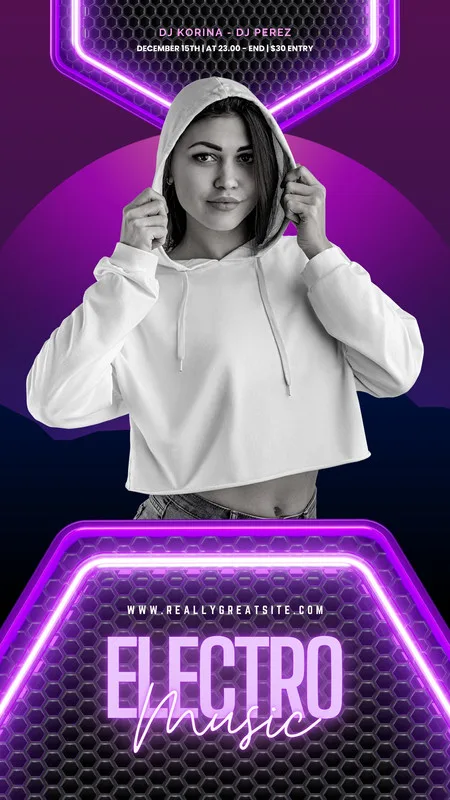 Template de story para evento de música eletrônica com fundo roxo vibrante, uma mulher com capuz no centro e luzes neon em formato hexagonal com o texto 'ELECTRO MUSIC'.