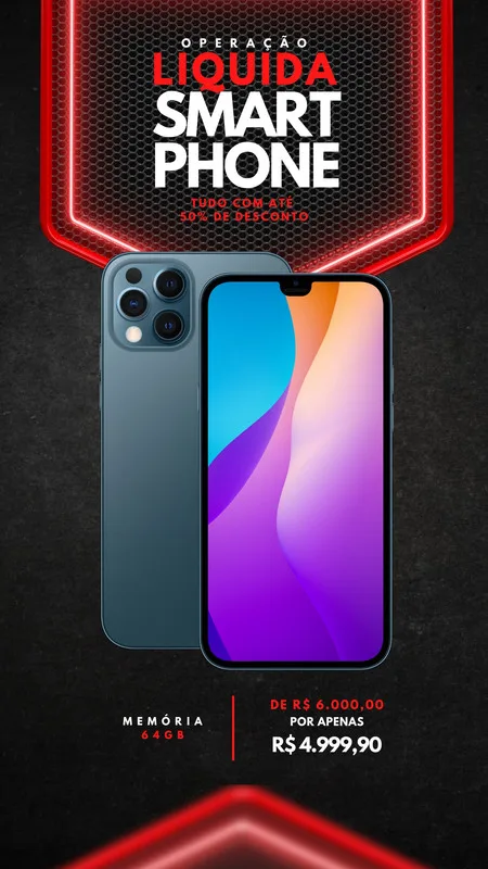 Design de story para Instagram com a promoção 'Liquida Smartphone', destacando um desconto de até 50%. Apresenta dois smartphones modernos, um com a tela ligada exibindo um gradiente vibrante e outro de costas. O texto principal em branco e vermelho sobre um fundo escuro com detalhes neon.