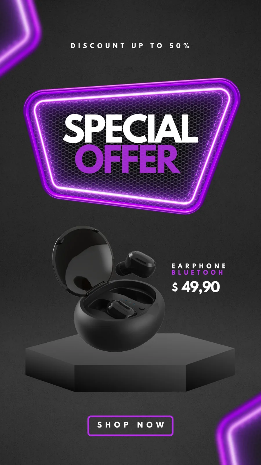 Template de story para Instagram com fundo escuro e detalhes em neon roxo. Destaca um fone de ouvido Bluetooth em sua caixa aberta, com o preço e a chamada 'Special Offer' em destaque. Inclui botão 'Shop Now'.