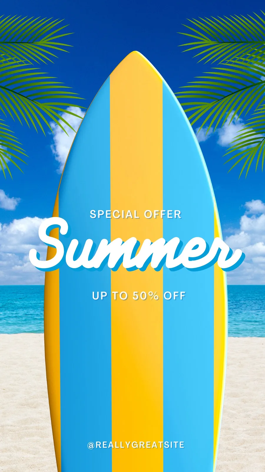 Um template de story para Instagram com tema de verão, apresentando uma prancha de surf colorida em azul e amarelo em primeiro plano, com um fundo de praia tropical, mar azul e céu com nuvens. O texto 'Summer Special Offer' e 'Up to 50% Off' está em destaque.