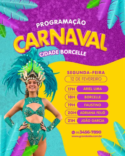 Um post vibrante de Carnaval com fundo roxo texturizado e uma seção amarela para a programação. No lado esquerdo, uma mulher sorridente em um traje de passista verde com plumas azuis. O título "PROGRAMAÇÃO CARNAVAL" em amarelo e laranja se destaca. Penas coloridas decoram o design, transmitindo alegria e festa para eventos de rua e blocos.