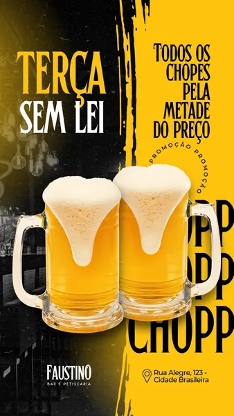 Story de Instagram com fundo dividido em preto e amarelo vibrante. Dois copos de chopp cheios de espuma em destaque. Texto principal "Terça Sem Lei" e "Todos os chopes pela metade do preço". Informações do bar e endereço no rodapé.