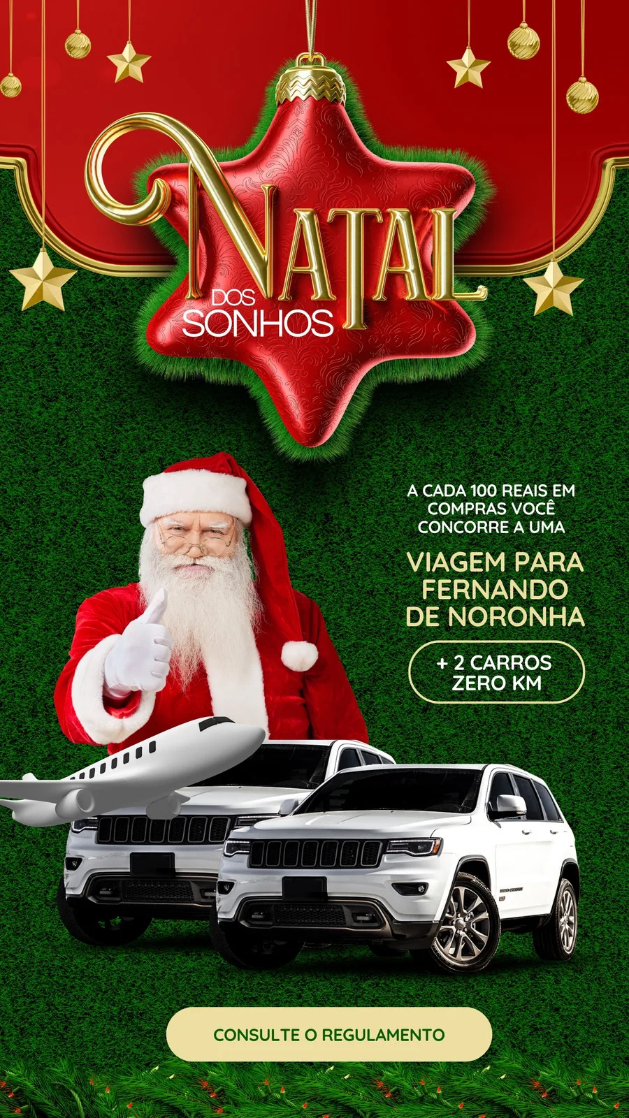 Template de Story para Instagram com tema de Natal, apresentando o Papai Noel, um avião e carros de luxo. O fundo verde com detalhes vermelhos e dourados remete à época festiva, ideal para promoções de fim de ano.