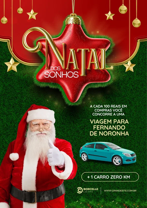 Post de promoção de Natal com Papai Noel dando joinha, um carro azul e um sorteio de viagem para Fernando de Noronha. Fundo verde com elementos natalinos vermelhos e dourados, ideal para divulgar campanhas de fim de ano.