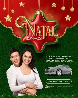 Casal sorrindo abraçado em um fundo verde com decoração natalina vermelha e dourada. Um grande enfeite de estrela vermelha com o texto 'Natal dos Sonhos' em dourado. Ao lado, um carro cinza e texto sobre sorteio de viagem e carro zero.